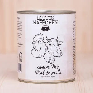 Sparpaket 24 x 800 g Lottis Häppchen Junior Mix Rind & Huhn Hunde Nassfutter Preisreduziert
